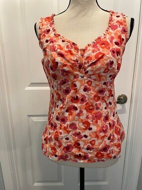 LOFT Floral Sleeveless Scoop Neck Top in Orange and Pink